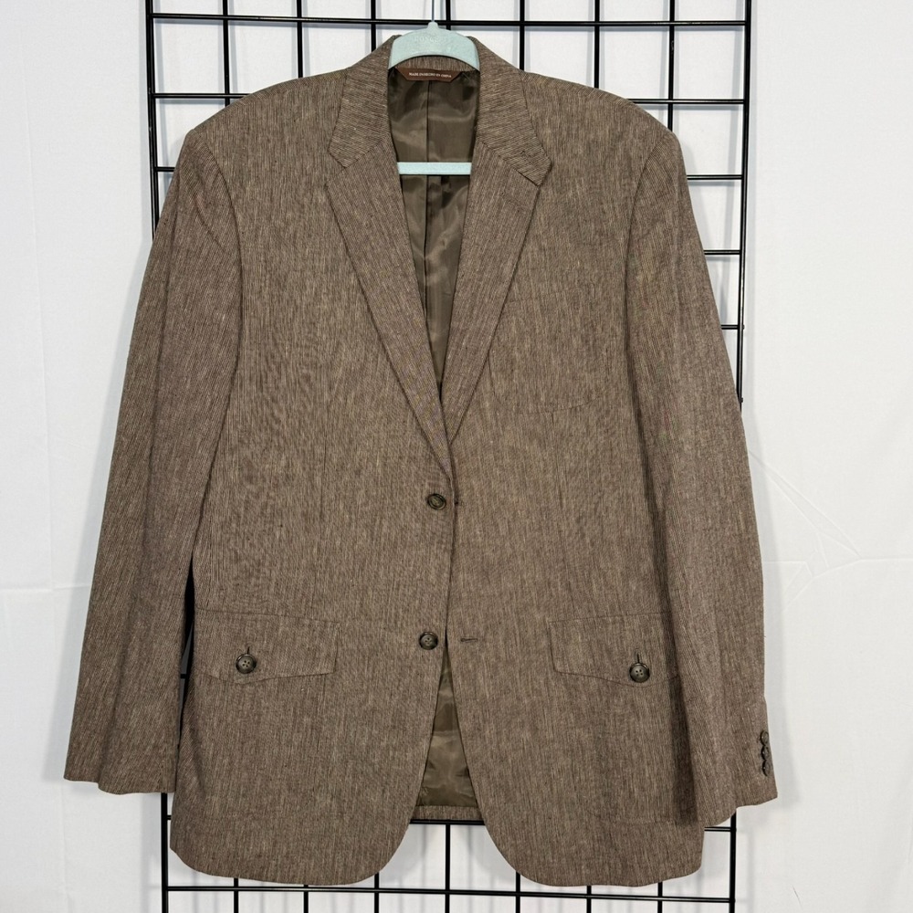 Perry Ellis Sport Coat Blazer Jacket Mens 44R‎ Brown Linen Blend Slub Hopsack